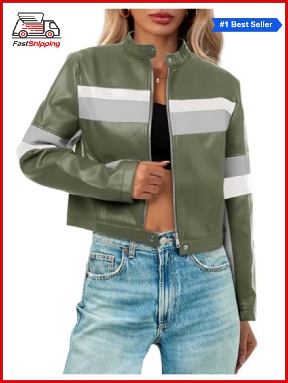 ✨ Faux Leather Cropped Moto Biker Bomber Jacket Color Block Racing